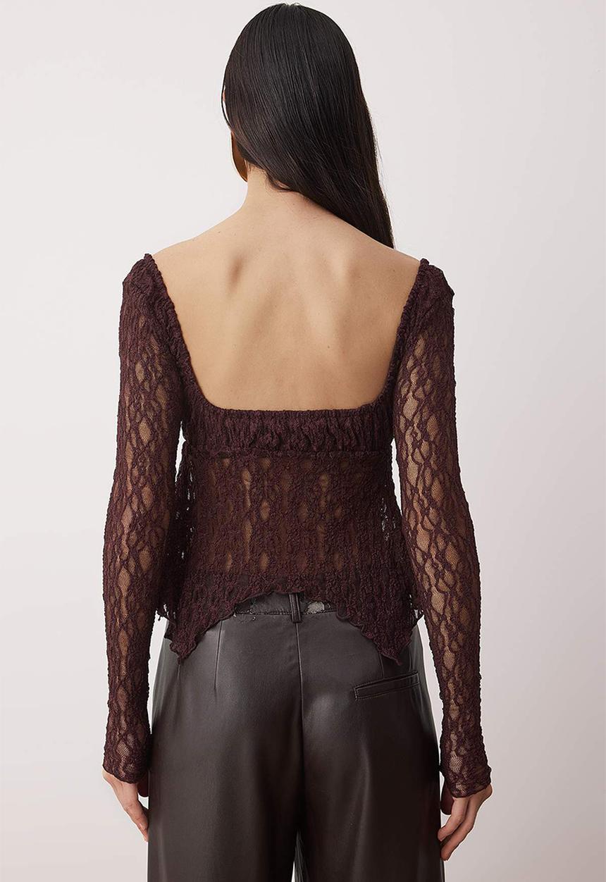 Trendyol - Square Collar Lace Blouse - Burgundy