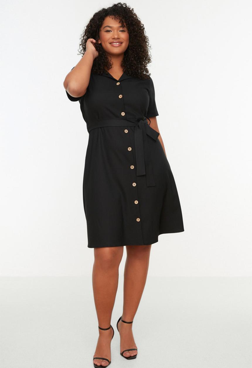 Trendyol - Plus Midi Shirt Dress Belted and Buttoned - Black