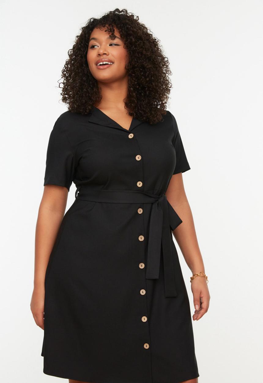 Trendyol - Plus Midi Shirt Dress Belted and Buttoned - Black
