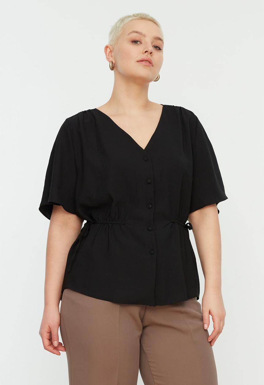 Trendyol - Plus Woven V-NeckTie -Up Blouse - Black