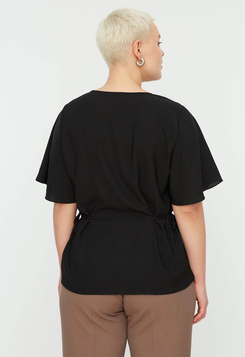 Trendyol - Plus Woven V-NeckTie -Up Blouse - Black