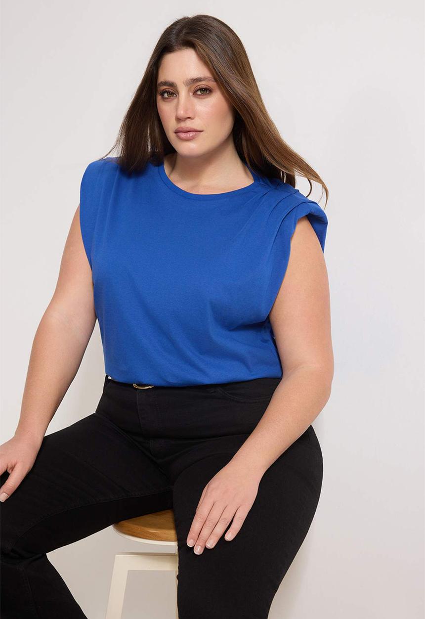 Trendyol - Plus Crew Neck Basic 100% Cotton Knitted Blouse - Blue