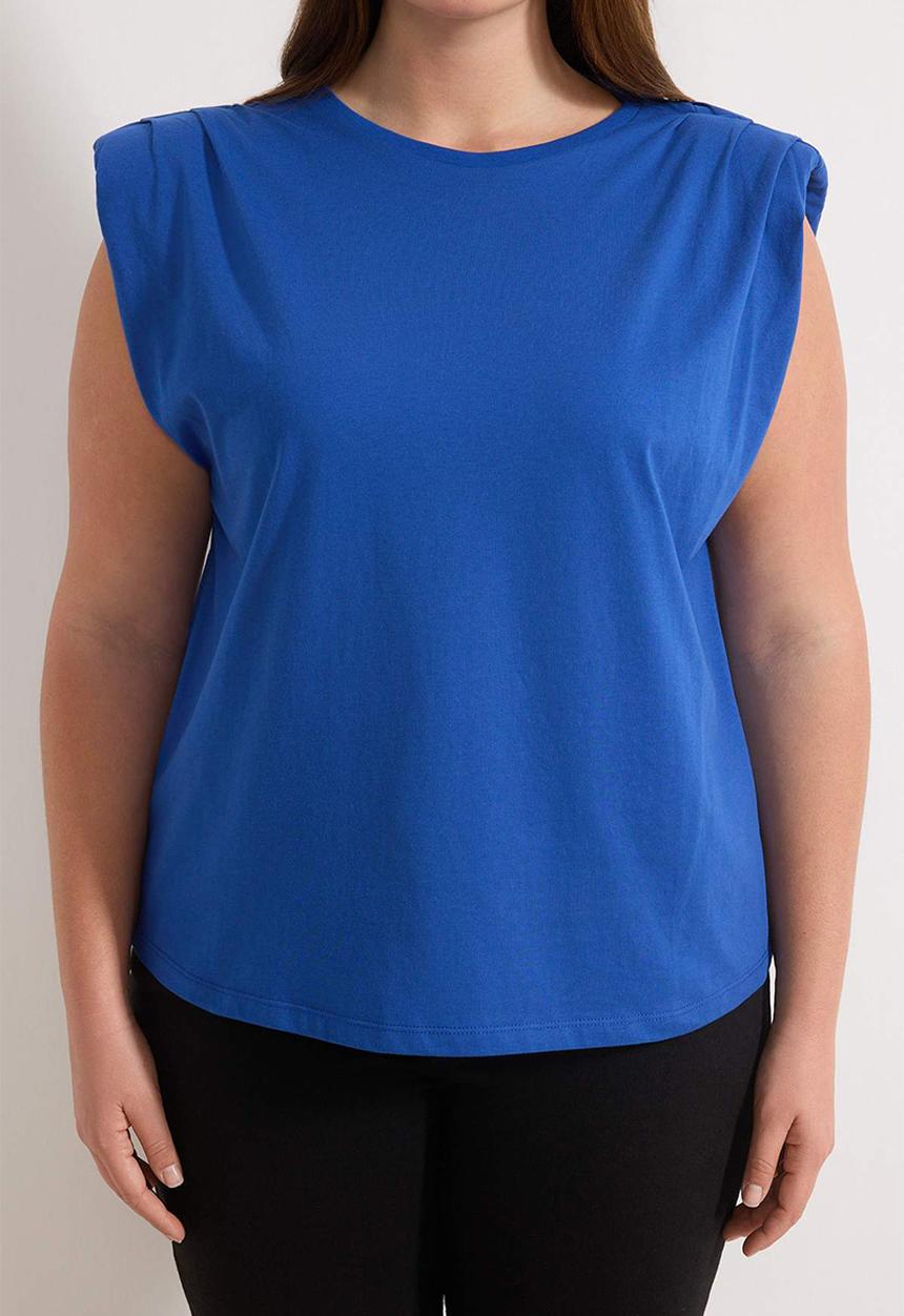 Trendyol - Plus Crew Neck Basic 100% Cotton Knitted Blouse - Blue