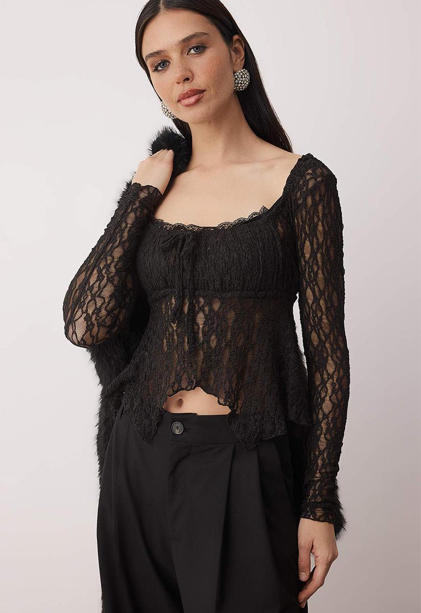 Trendyol - Square Collar Lace Blouse - Black
