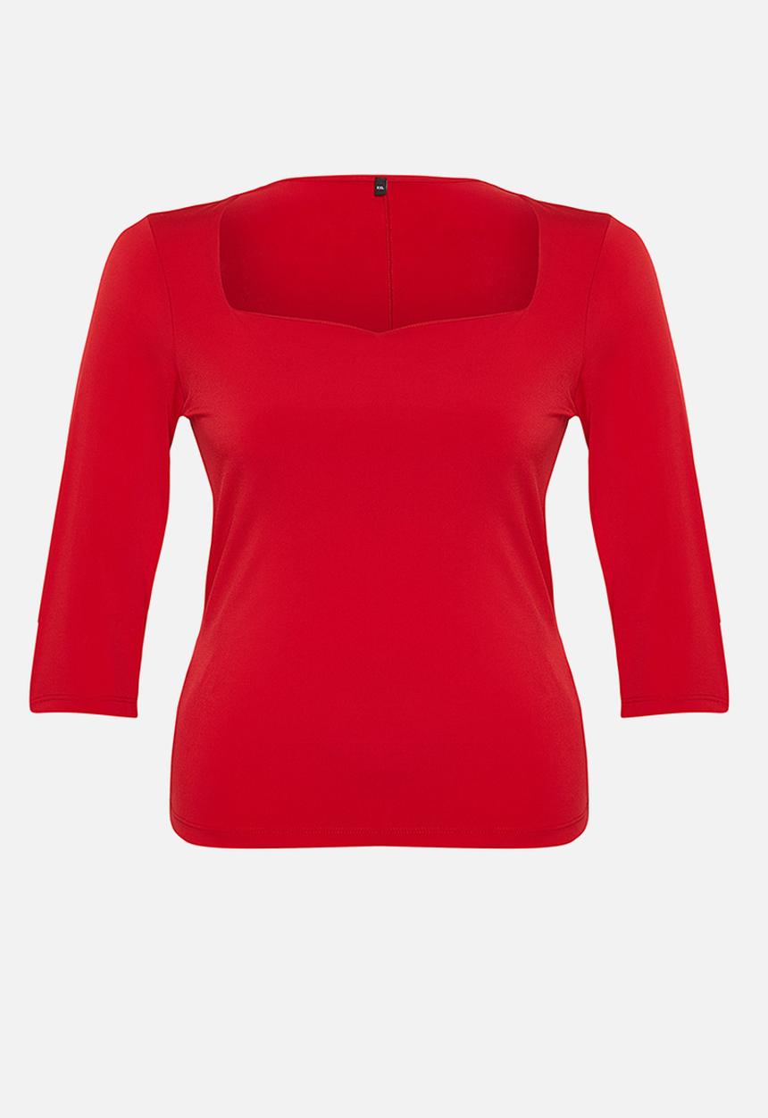 Trendyol - Plus Heart Collar Body-Sitting Knitted Blouse - Red