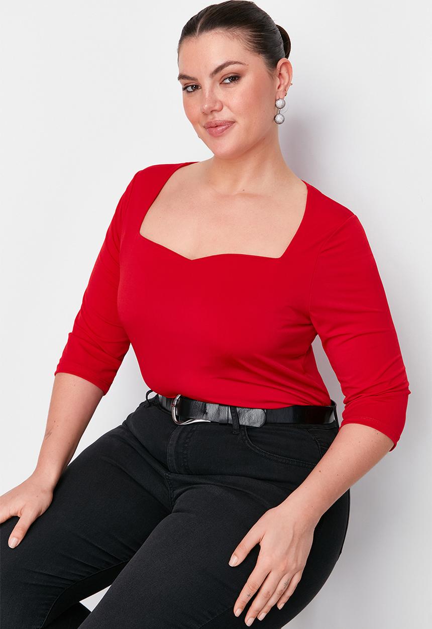 Trendyol - Plus Heart Collar Body-Sitting Knitted Blouse - Red