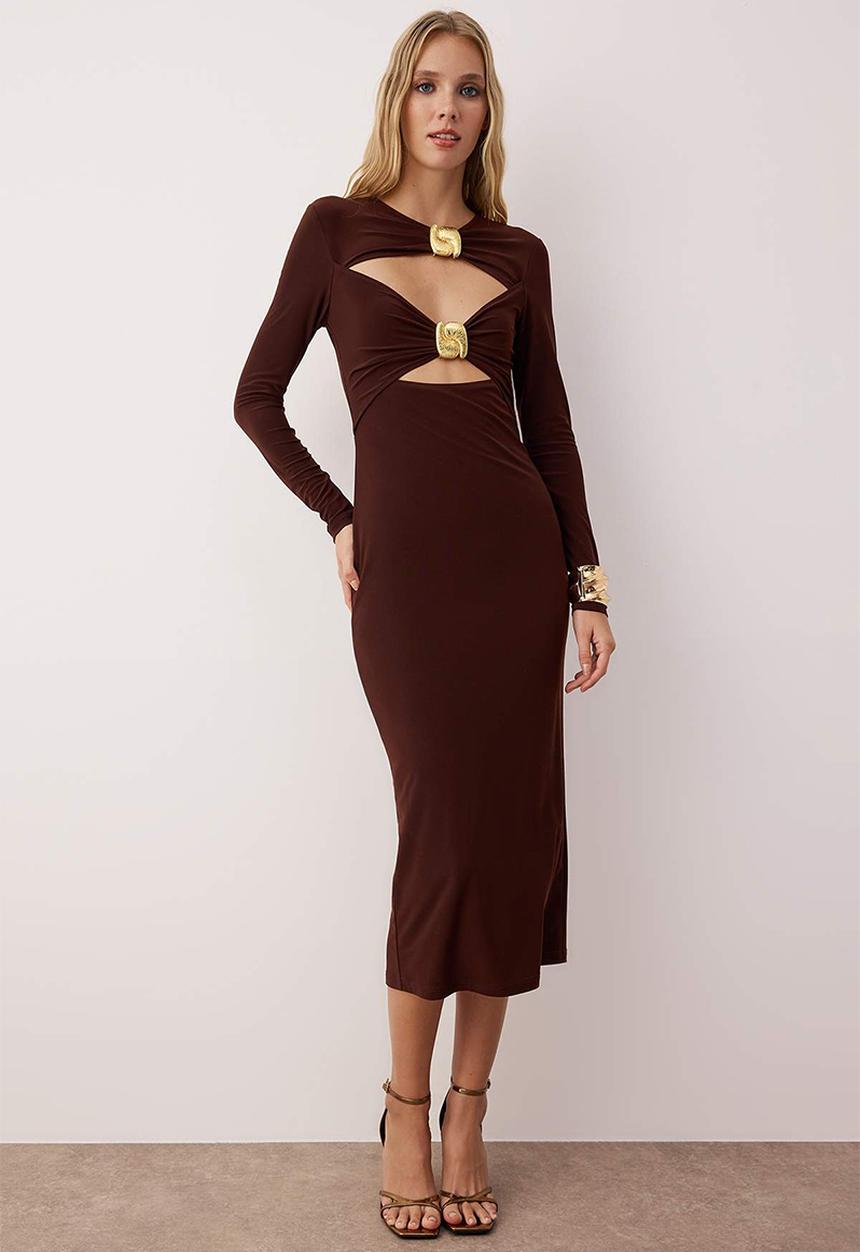 Trendyol - Cut-Out Detailed Accessory Knitted Midi Lined Dress - Brown