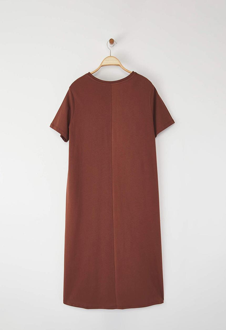 Trendyol - Plus Midi 100% Cotton Knitted T-Shirt Dress - Brown