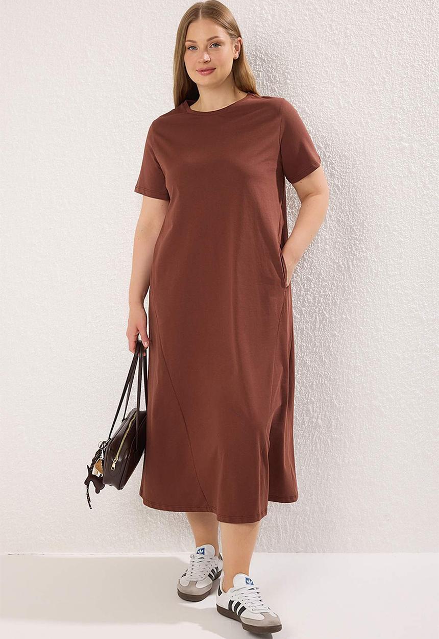Trendyol - Plus Midi 100% Cotton Knitted T-Shirt Dress - Brown