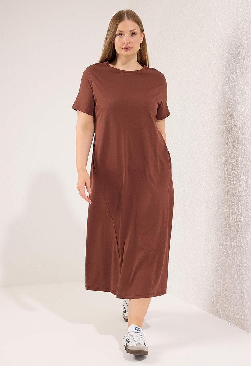 Trendyol - Plus Midi 100% Cotton Knitted T-Shirt Dress - Brown