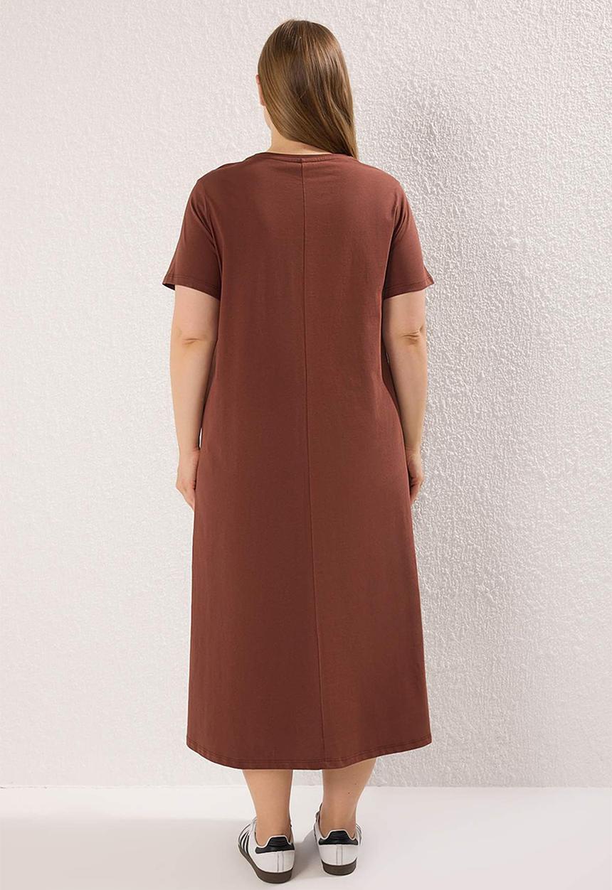 Trendyol - Plus Midi 100% Cotton Knitted T-Shirt Dress - Brown