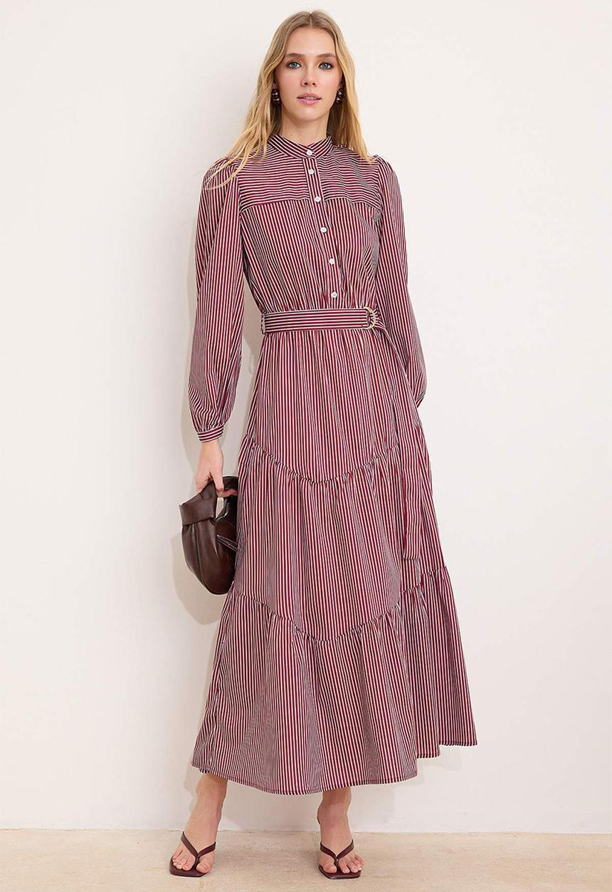 Trendyol - Striped Woven Terrycotton Dress - Burgundy