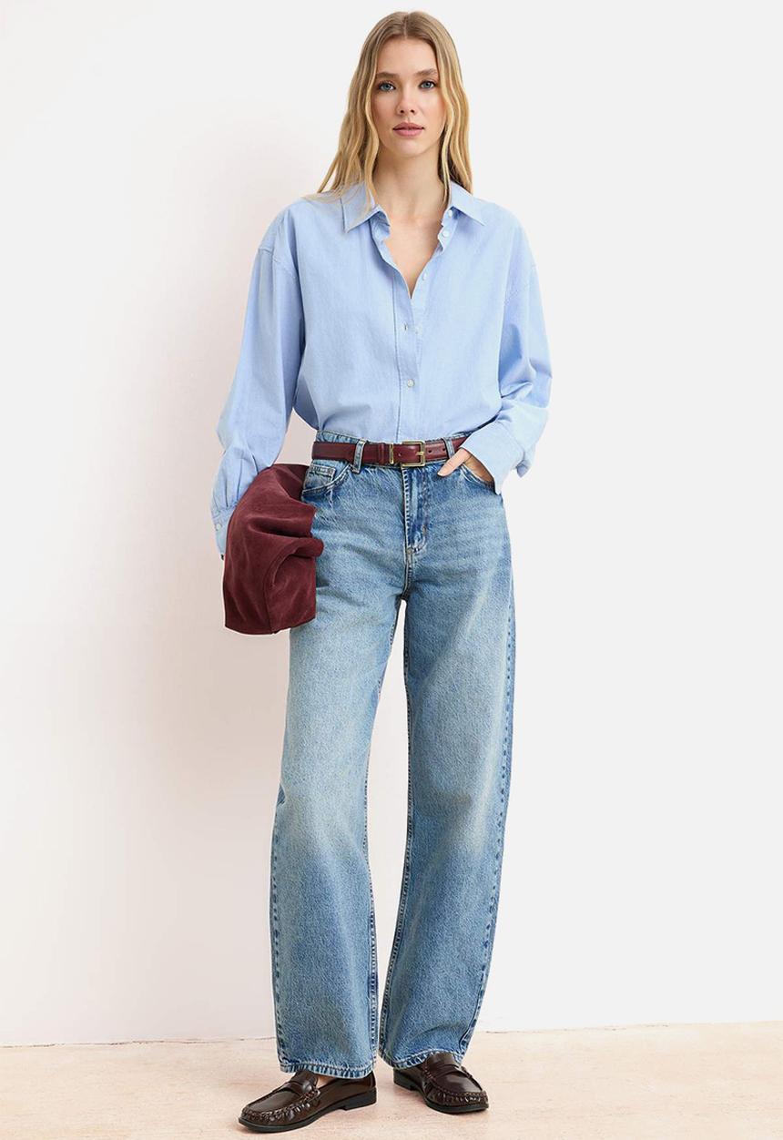 Trendyol - Premium Cotton Baggy Jeans - Blue