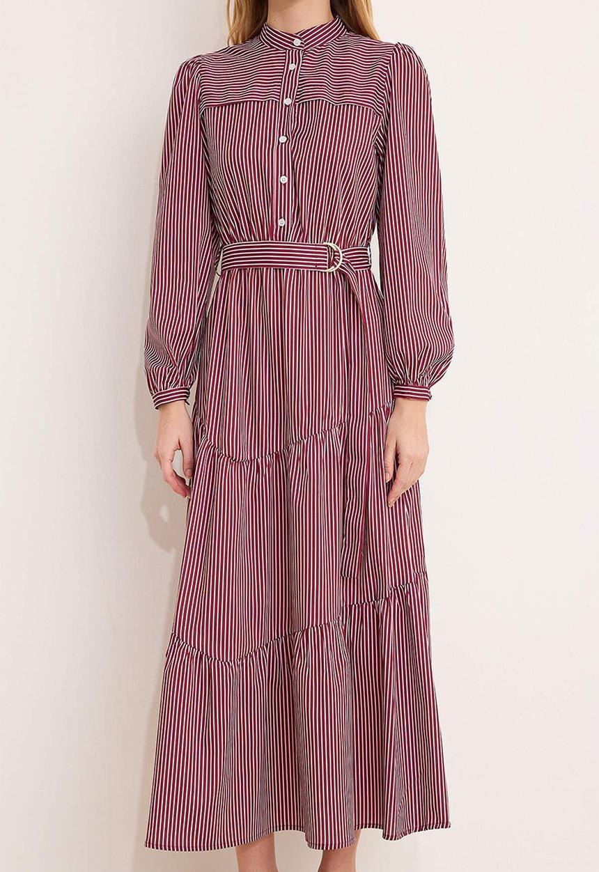 Trendyol - Striped Woven Terrycotton Dress - Burgundy