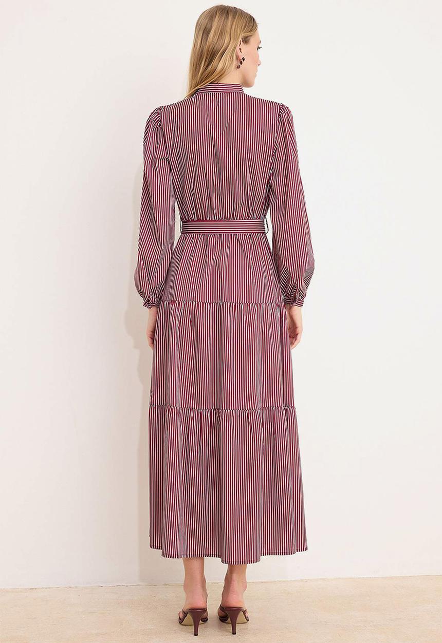 Trendyol - Striped Woven Terrycotton Dress - Burgundy