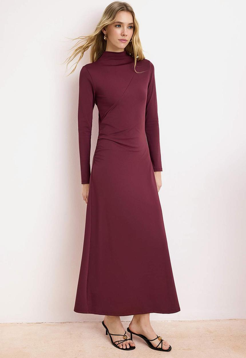 Trendyol - Plain Knitted Ruched Detail Sandy Dress - Plum