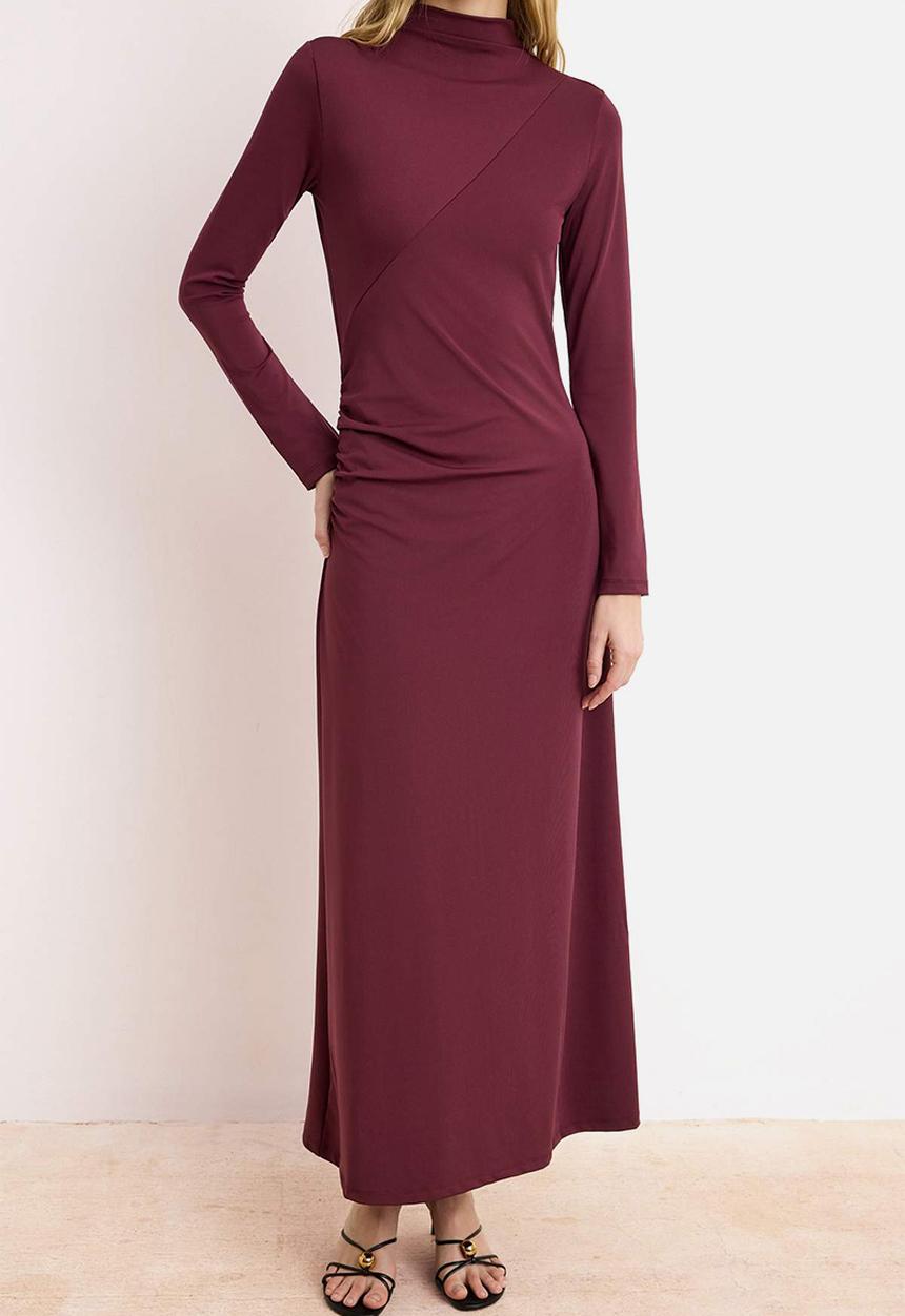 Trendyol - Plain Knitted Ruched Detail Sandy Dress - Plum