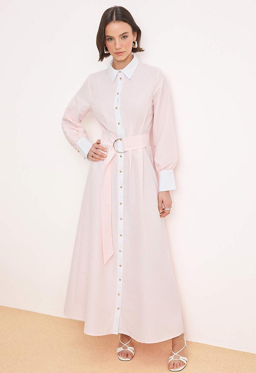 Trendyol - Belted Striped Woven Terrycotton Dress - Light Pink