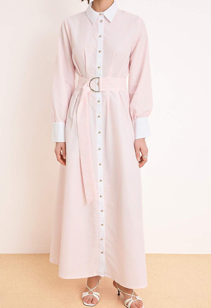Trendyol - Belted Striped Woven Terrycotton Dress - Light Pink