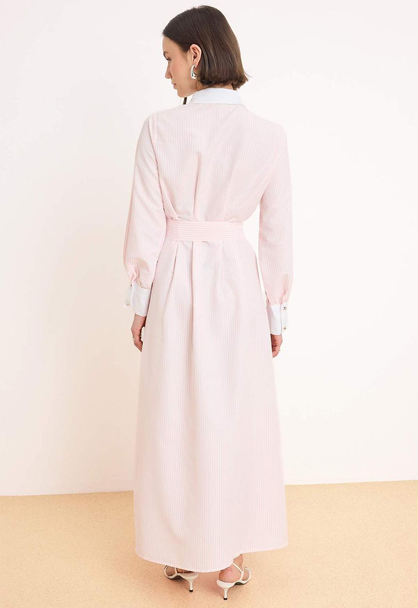 Trendyol - Belted Striped Woven Terrycotton Dress - Light Pink