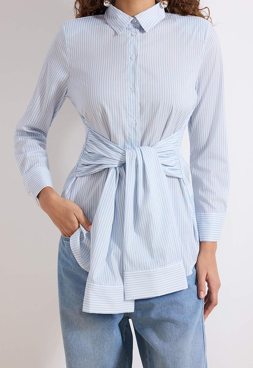 Trendyol - Striped Front Tie Detailed Woven Shirt - Blue