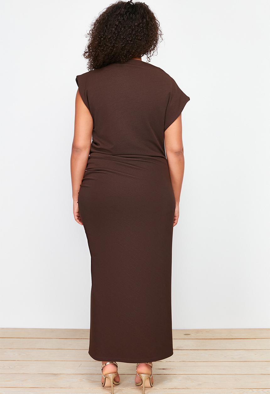 Trendyol - Plus Gather Detailed Midi Knitted Dress - Brown