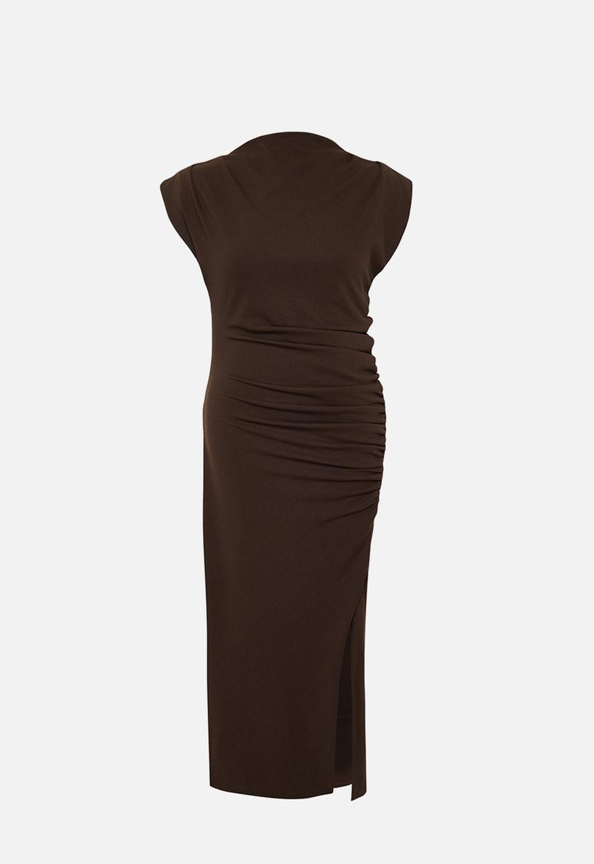 Trendyol - Plus Gather Detailed Midi Knitted Dress - Brown