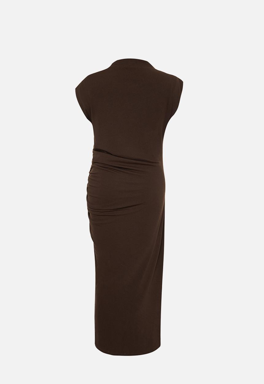 Trendyol - Plus Gather Detailed Midi Knitted Dress - Brown