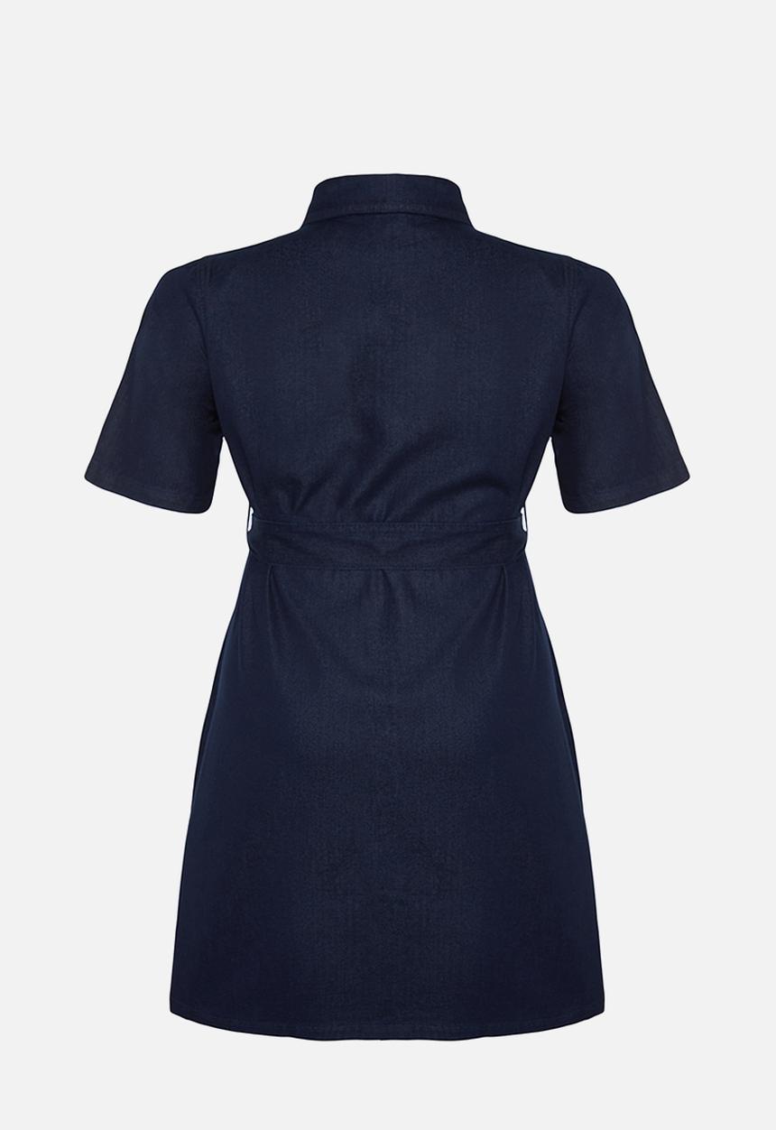Trendyol - Plus Belt Detailed 100% Cotton Denim Shirt Dress - Dark Blue