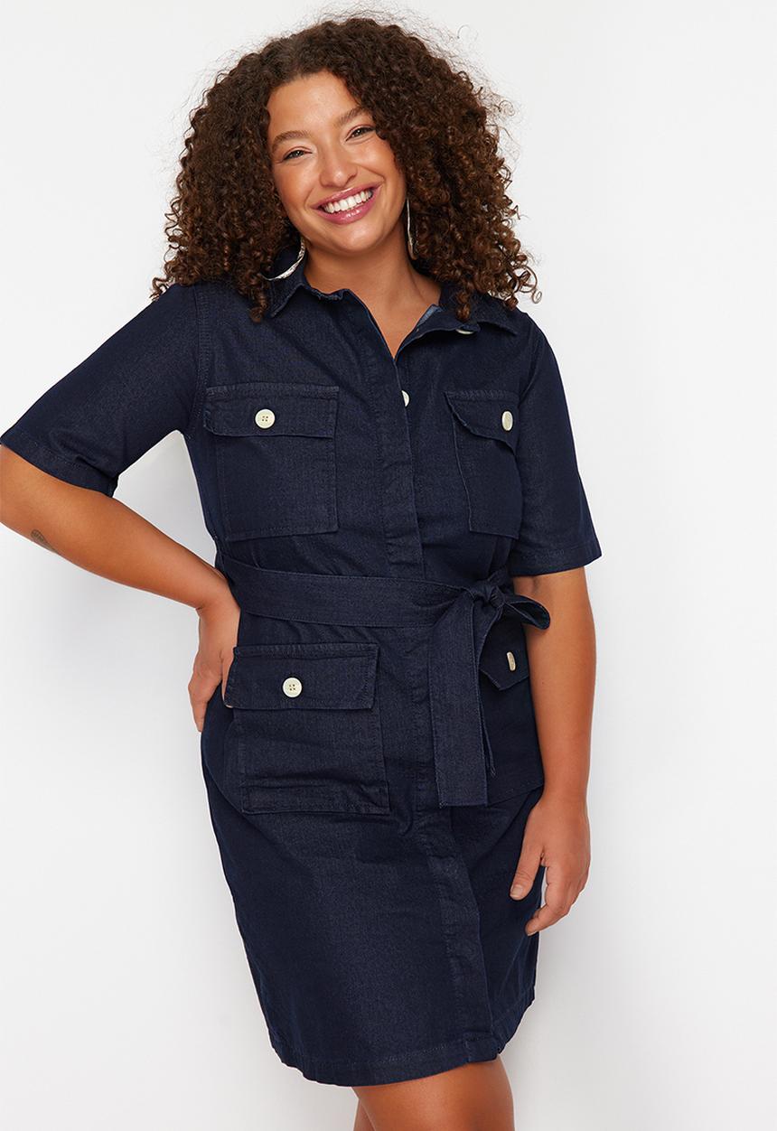 Trendyol - Plus Belt Detailed 100% Cotton Denim Shirt Dress - Dark Blue