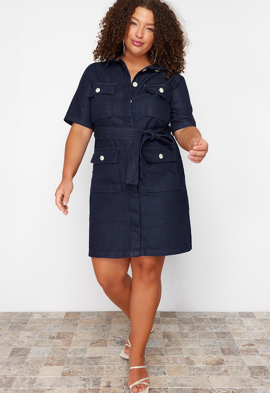 Trendyol - Plus Belt Detailed 100% Cotton Denim Shirt Dress - Dark Blue