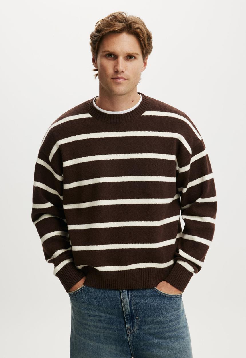 Cotton On - Box fit crew knit - chocolate stripe