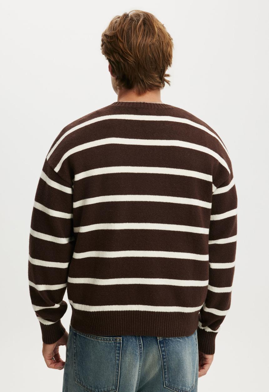 Cotton On - Box fit crew knit - chocolate stripe
