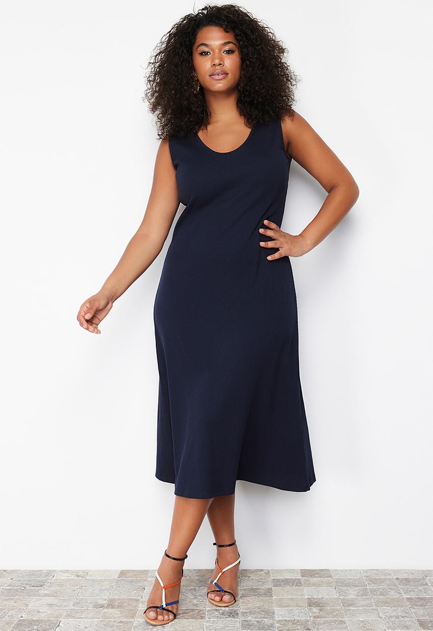 Trendyol - Plus Corded A-line Midi Knitted Dress - Navy Blue