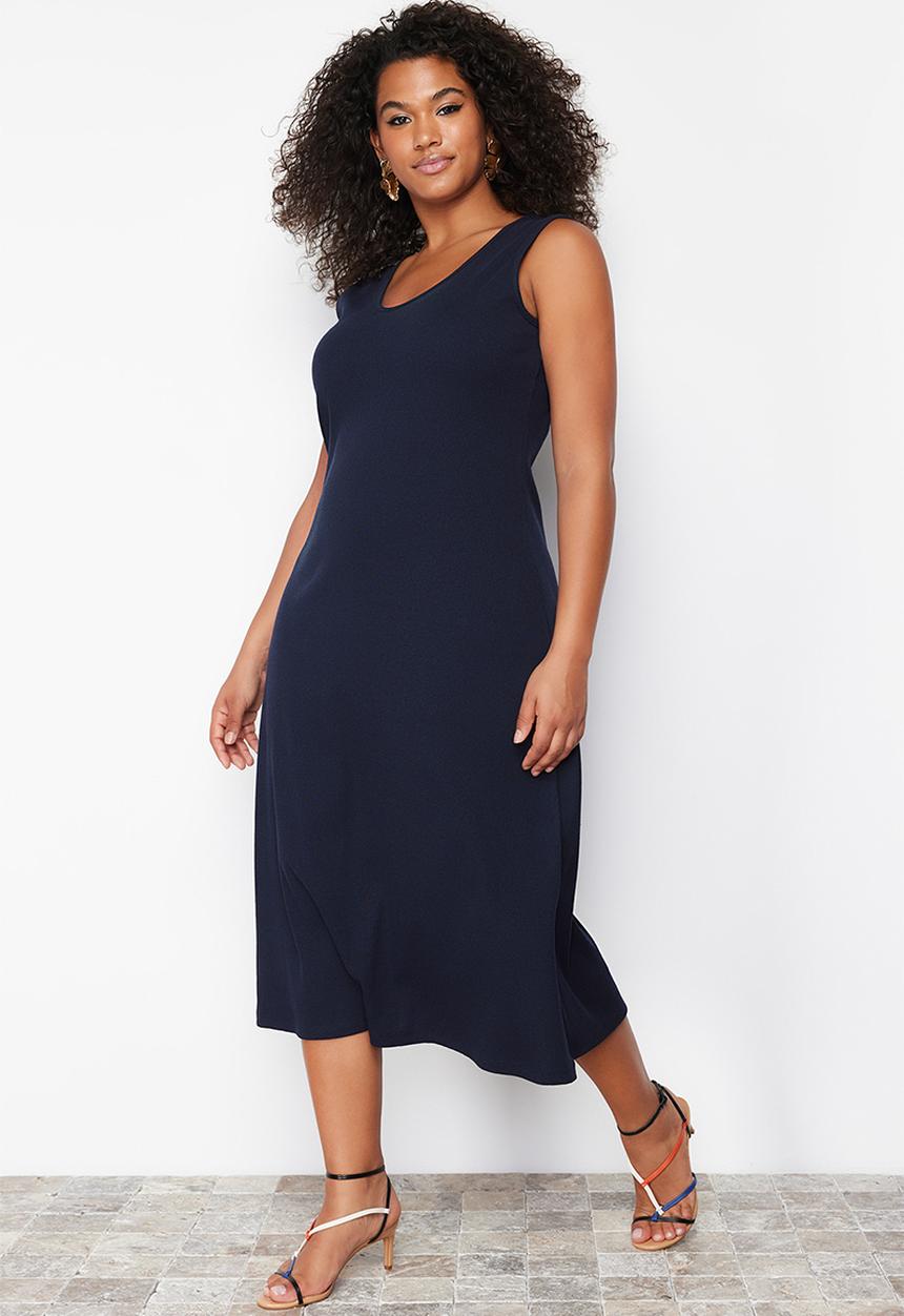 Trendyol - Plus Corded A-line Midi Knitted Dress - Navy Blue