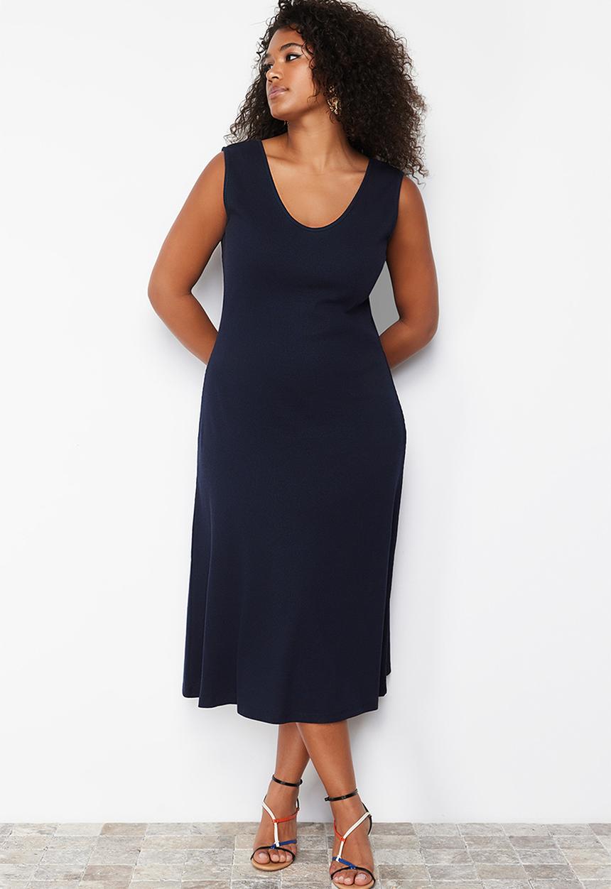 Trendyol - Plus Corded A-line Midi Knitted Dress - Navy Blue