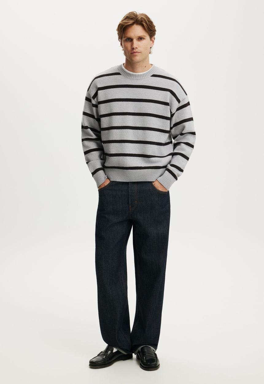 Cotton On - Box Fit Crew Knit - Grey Marle Bold Stripe
