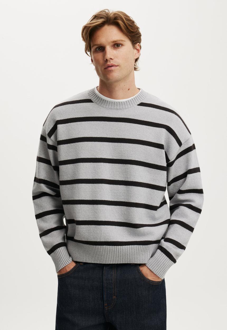 Cotton On - Box Fit Crew Knit - Grey Marle Bold Stripe