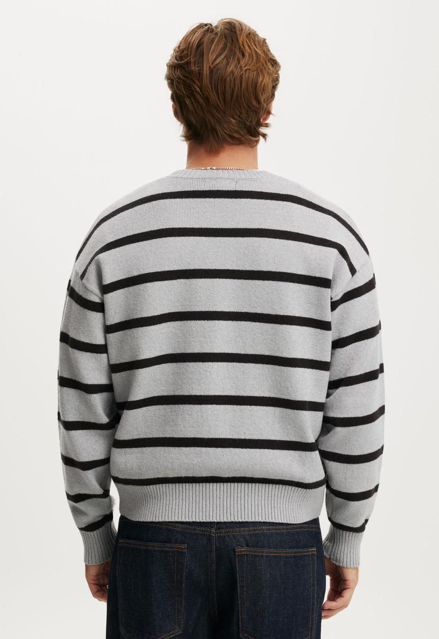 Cotton On - Box Fit Crew Knit - Grey Marle Bold Stripe