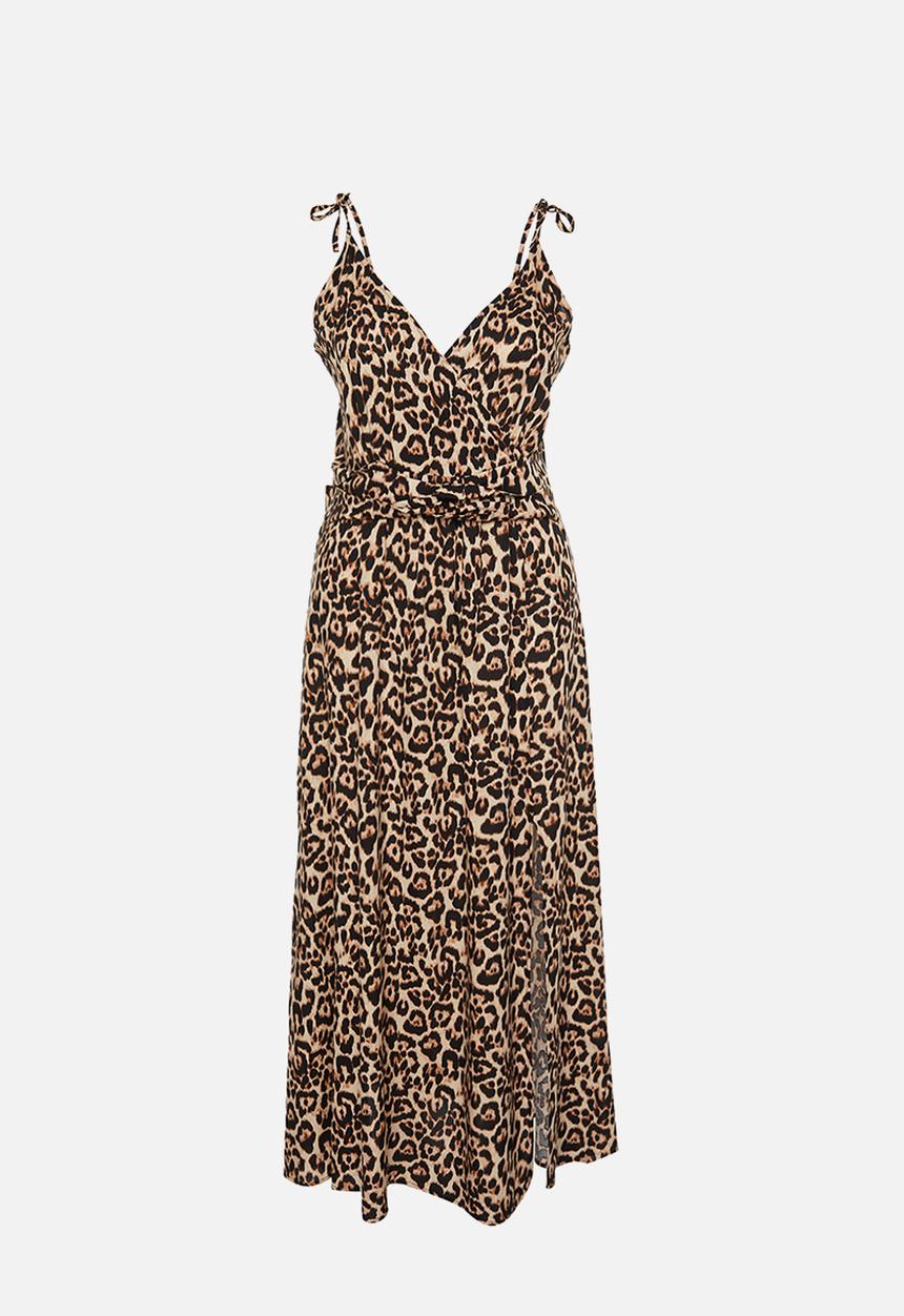 Trendyol - Plus Leopard Print Camel Maxi Summer Dress Slit Long Length - Camel