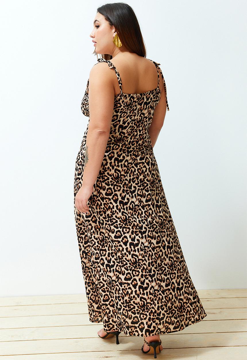 Trendyol - Plus Leopard Print Camel Maxi Summer Dress Slit Long Length - Camel