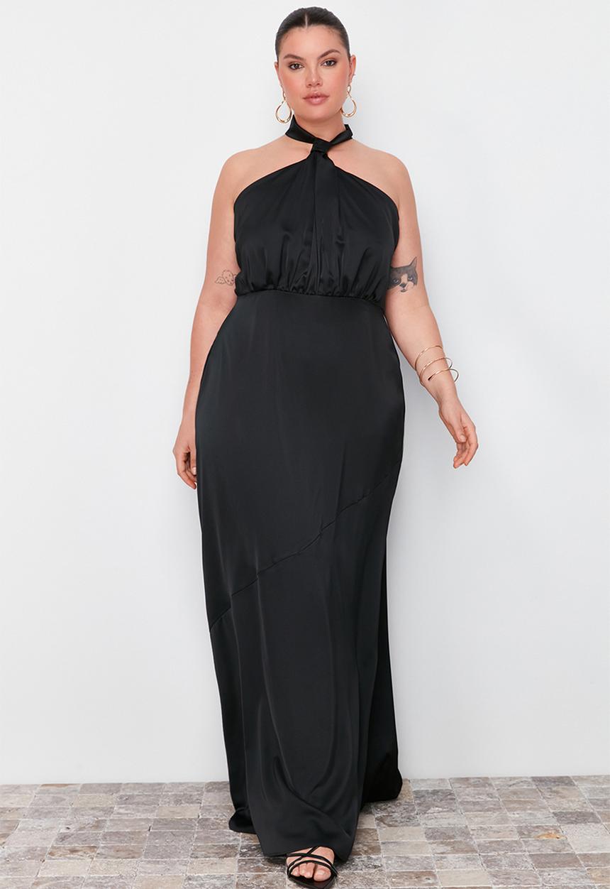 Trendyol - Plus Halter Neck Satin Maxi/Long Evening Dress - Black
