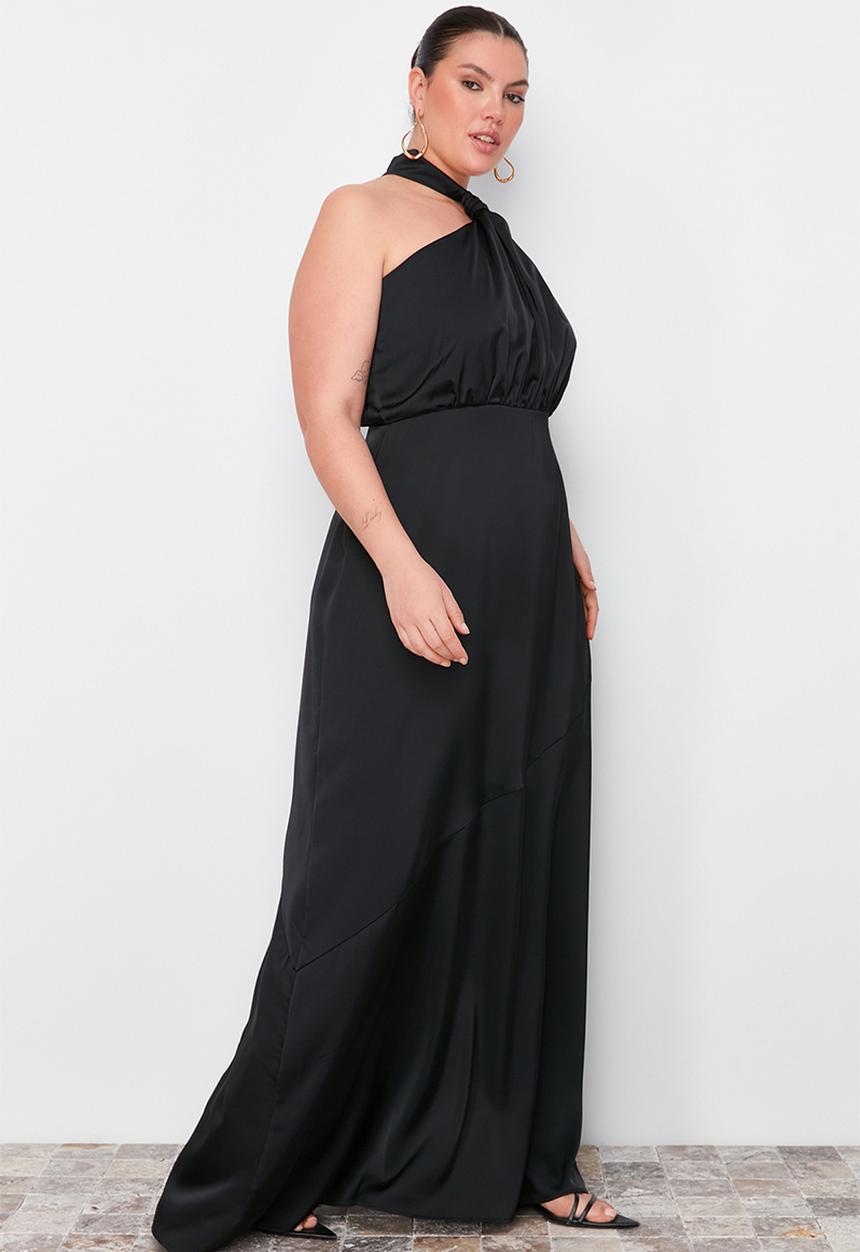 Trendyol - Plus Halter Neck Satin Maxi/Long Evening Dress - Black