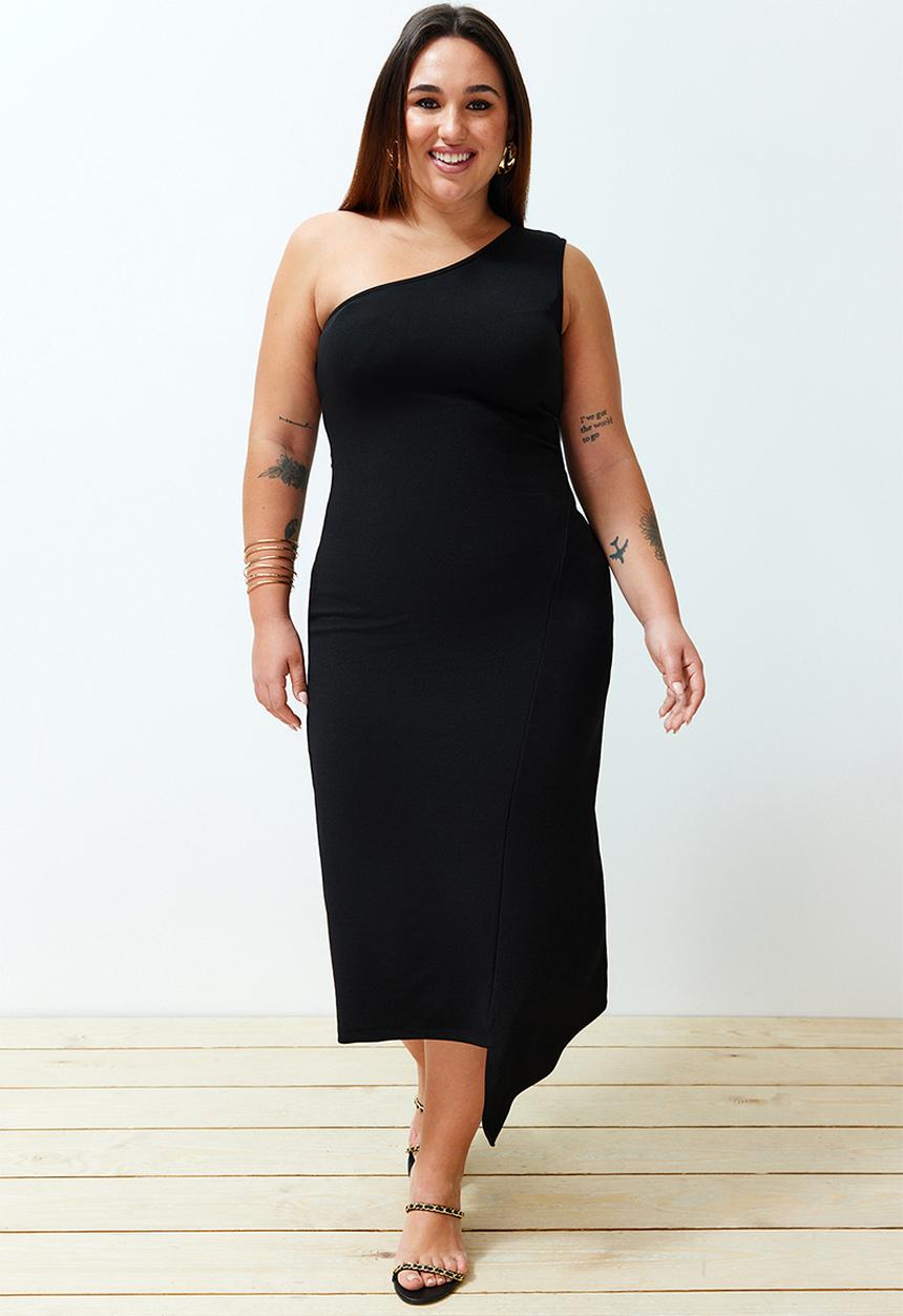 Trendyol - Plus Single Shoulder Asymmetrical Knitted Dress - Black