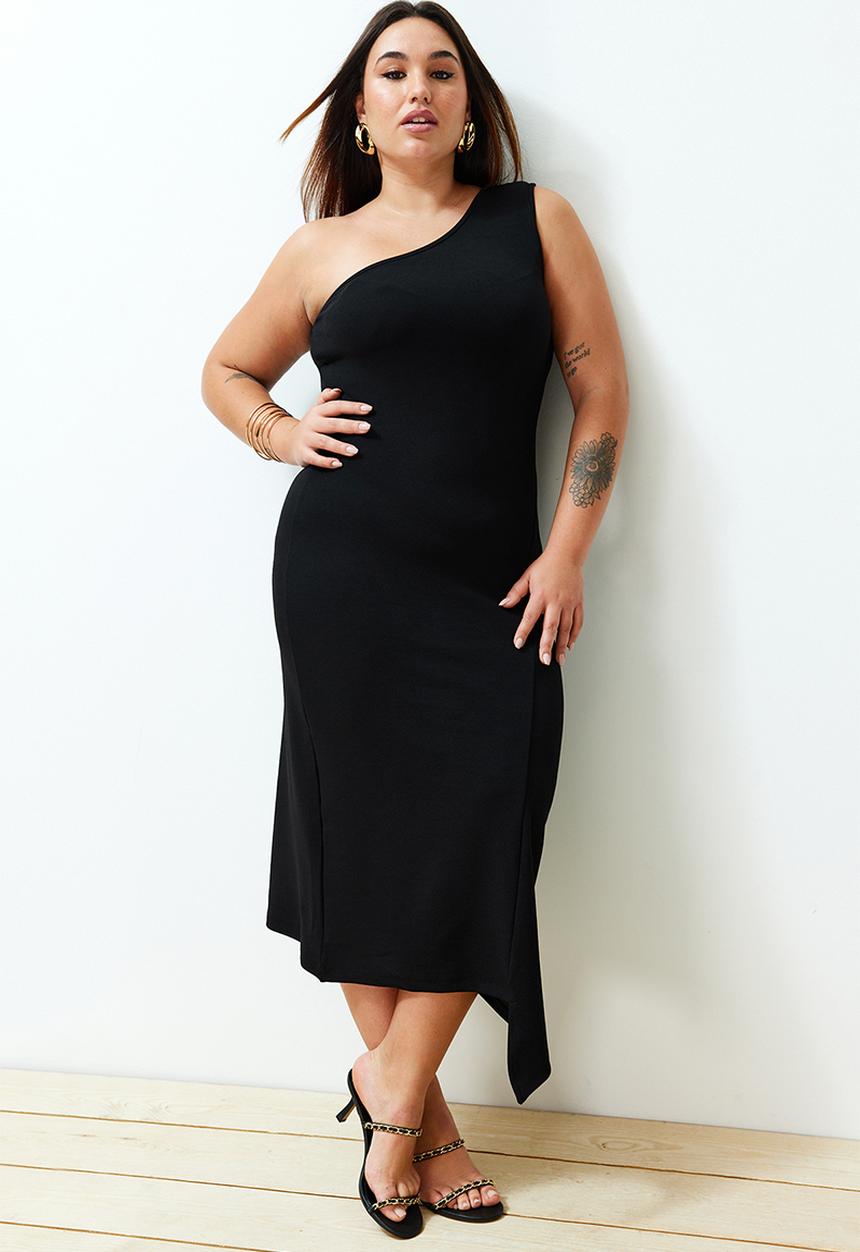 Trendyol - Plus Single Shoulder Asymmetrical Knitted Dress - Black