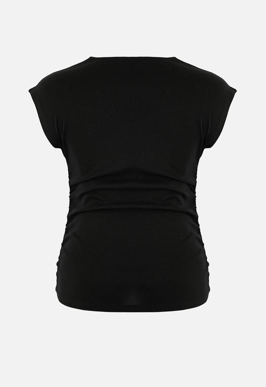 Trendyol - Plus Soft Fabric Asymmetric Collar 100% Cotton Knitted Blouse - Bllack