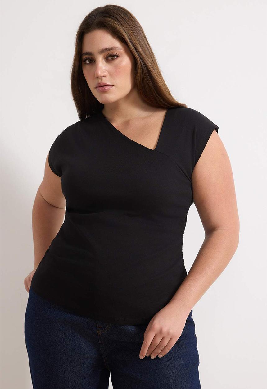 Trendyol - Plus Soft Fabric Asymmetric Collar 100% Cotton Knitted Blouse - Bllack