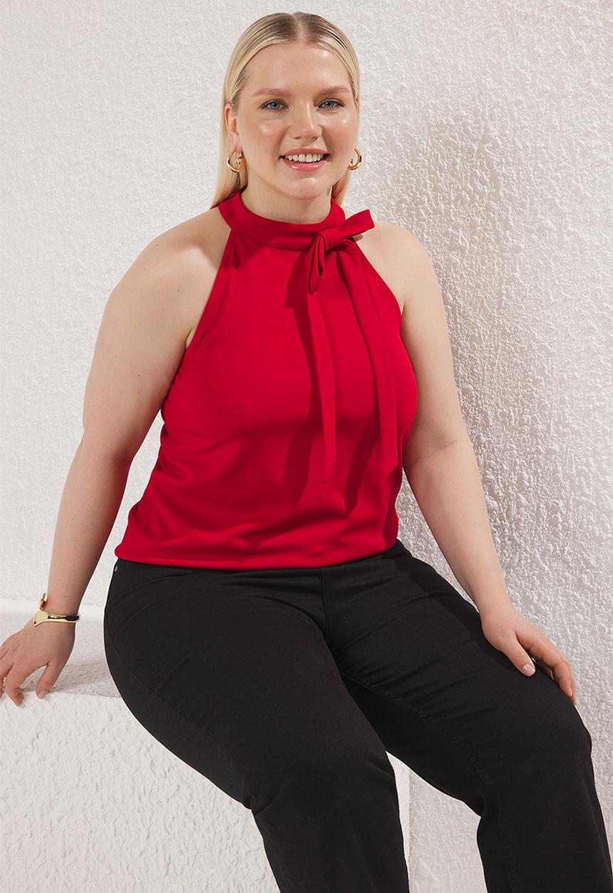 Trendyol - Plus Halter Neckline Lacing Detail Knitted Blouse - Red