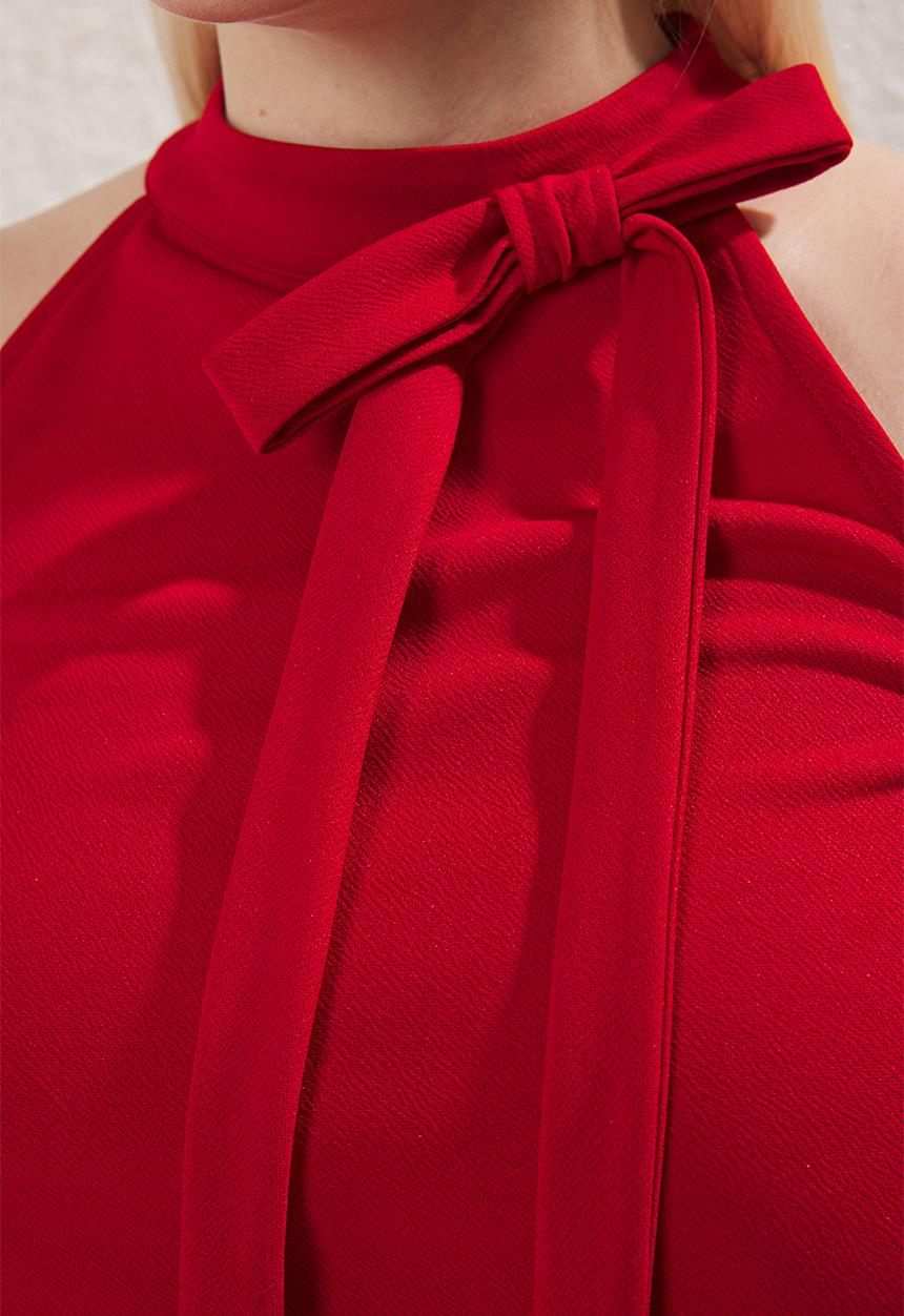 Trendyol - Plus Halter Neckline Lacing Detail Knitted Blouse - Red