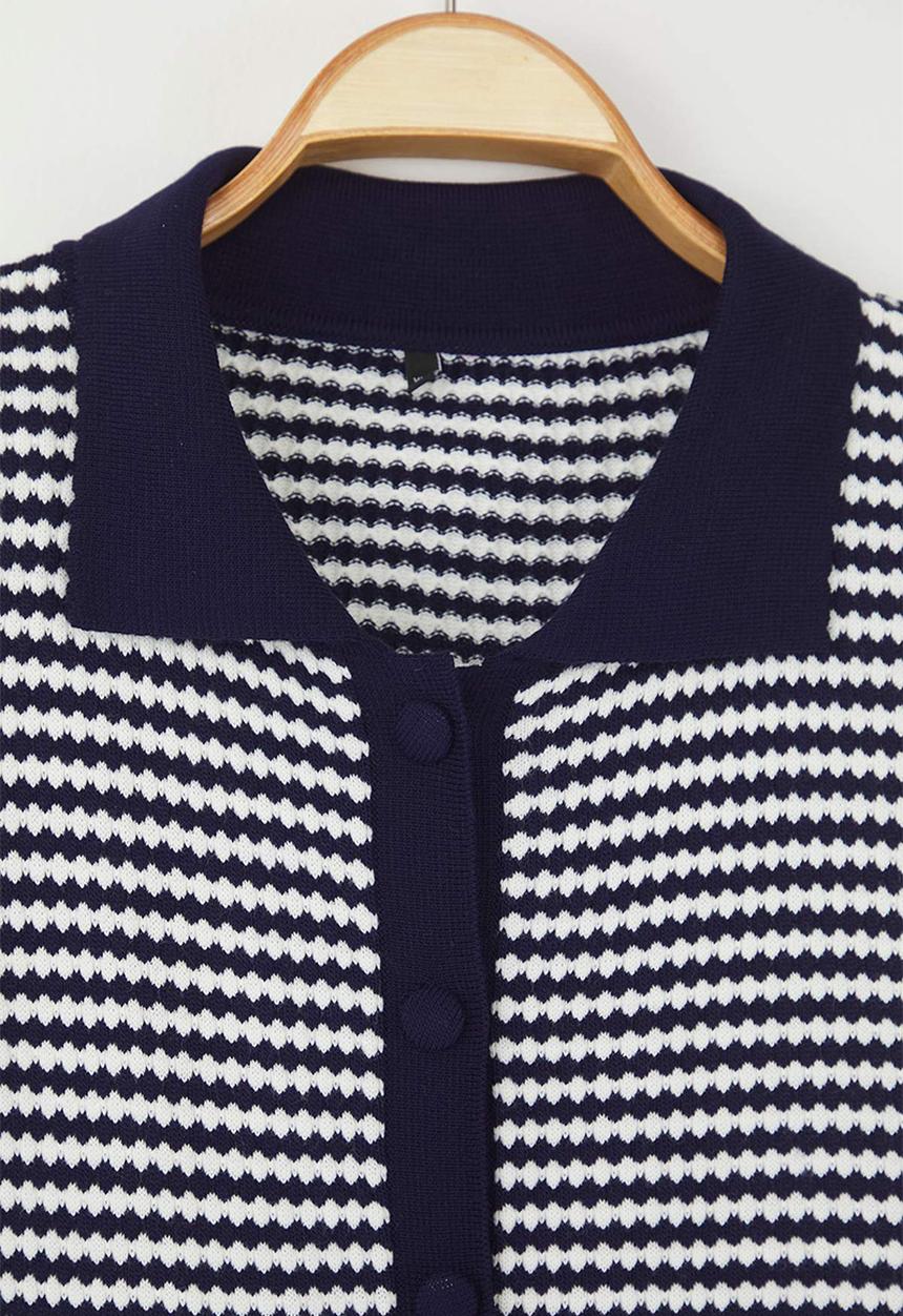 Trendyol - Plus Polo Collar Striped Knitwear Blouse - Navy Blue